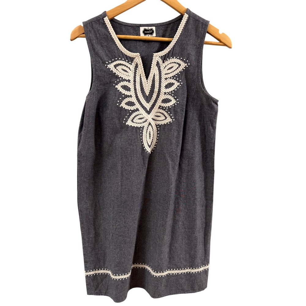 Mud Pie Shift Dress Womens S Blue Embroidered Chambray Sleeveless Excellent